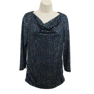 Dana Buchman Blouse Sz Small Blue Black Silver Metallic Draped Neckline Long Sle